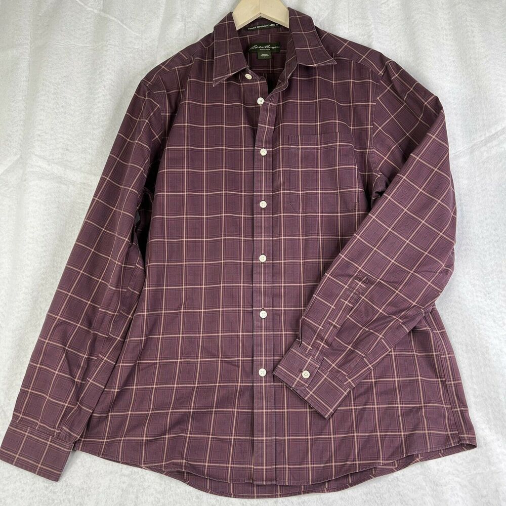 Eddie Bauer Mens Button Down Shirt L Wrinkle Free Classic Fit Burgundy Plaid
